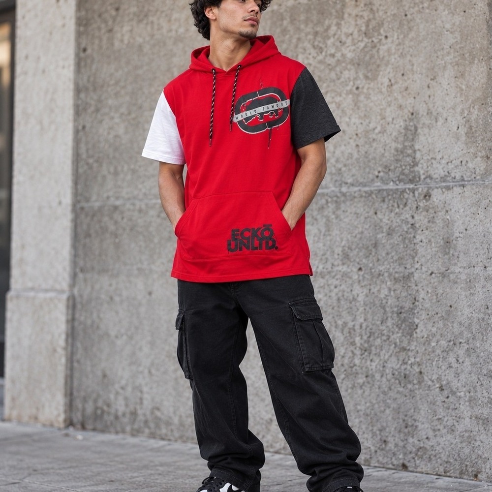 Ecko Unltd Men's L Red Colorblock Short Sleeve Hoodie Graphic Shirt Y2K 2000s